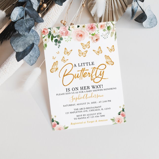 Invitación Baby Shower de mariposa floral Rubor Pink Rose Gol (Subido por el creador)