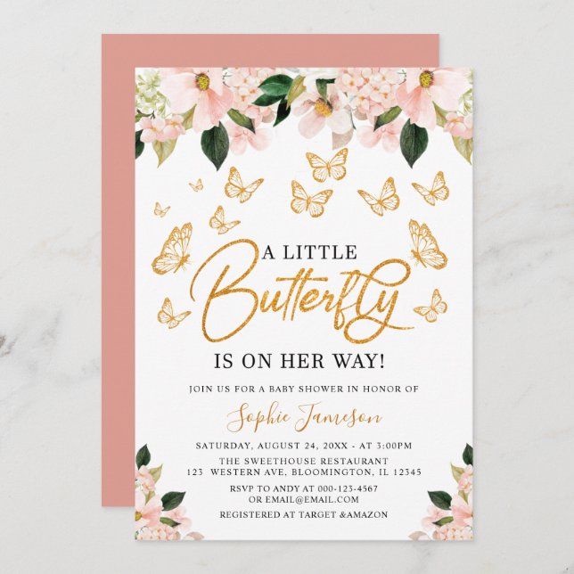 Invitación Baby Shower de mariposa floral Rubor Pink Rose Gol (Anverso / Reverso)