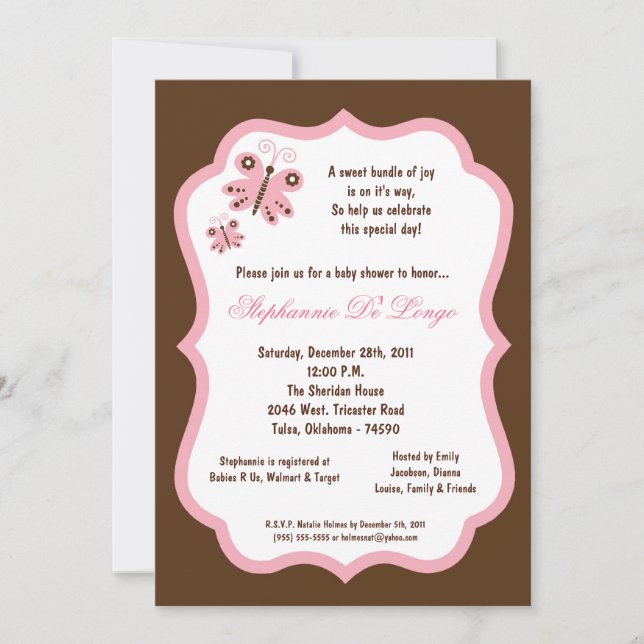 Invitación Baby Shower de mariposa marrón las 24 horas (Anverso)