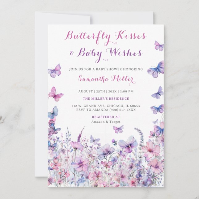Invitación Baby Shower de mariposa morada (Anverso)