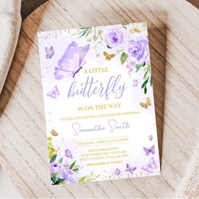 Invitación Baby Shower de mariposa morada (Girl Floral Butterfly Baby Shower Invitation)