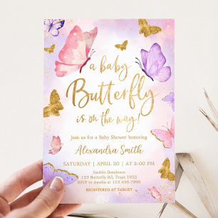 Invitación Baby Shower de mariposa morada de oro rosa