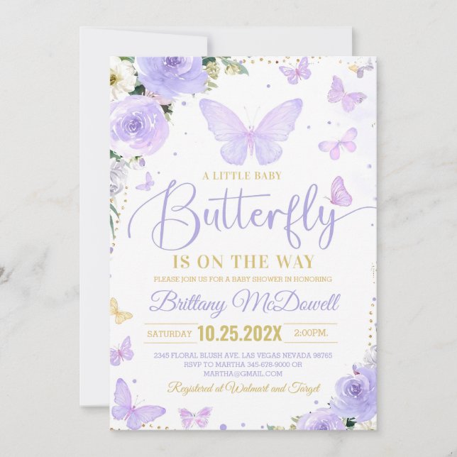 Invitación Baby Shower de mariposa morada editable (Anverso)