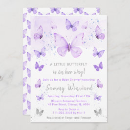 Invitación Baby Shower de mariposa morada y plateada