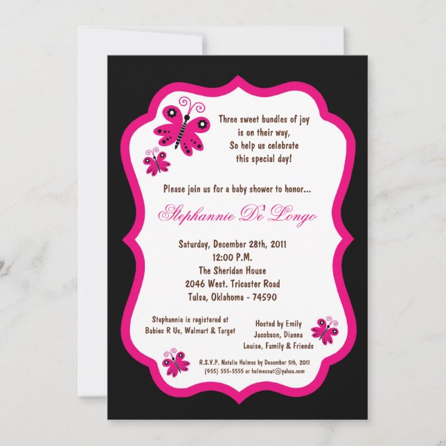 Invitación Baby Shower de mariposa negra las 24 horas (Anverso)