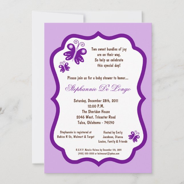 Invitación Baby Shower de mariposa púrpura ligera las 24 hora (Anverso)
