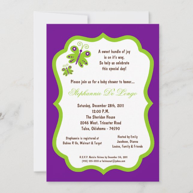 Invitación Baby Shower de mariposa púrpura oscuro las 24 hora (Anverso)