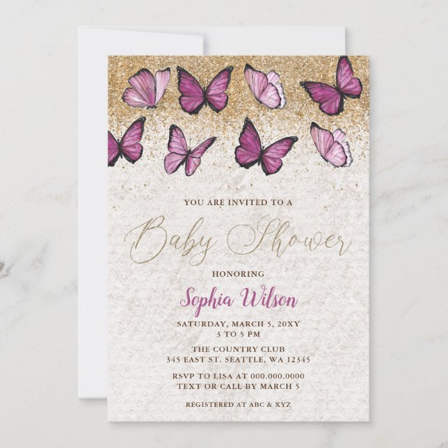 Invitación Baby Shower de mariposa Purpurina de oro rosa (Anverso)
