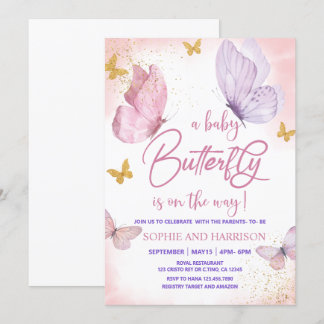 Invitación Baby Shower de mariposa Purpurina de oro rosa mora