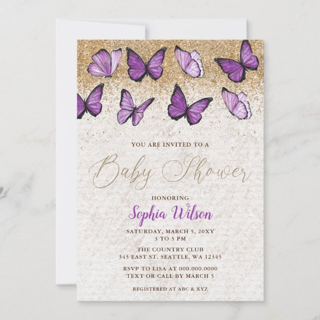 Invitación Baby Shower de mariposa Purpurina Purple Gold (Anverso)
