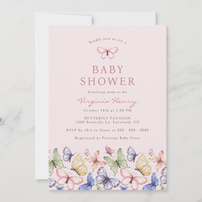 Invitación Baby Shower de mariposa rosa (Anverso)