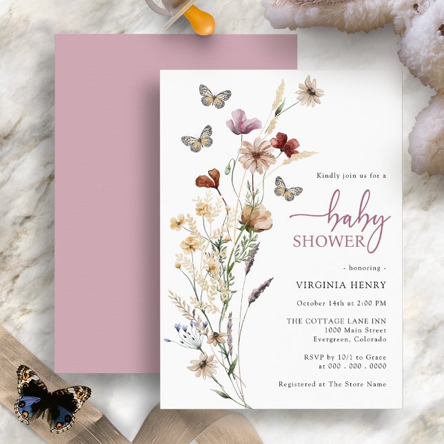 Invitación Baby Shower de mariposa rosa (Pink Boho Wildflower Butterfly Baby Shower Invitation by Painted Paperie
)