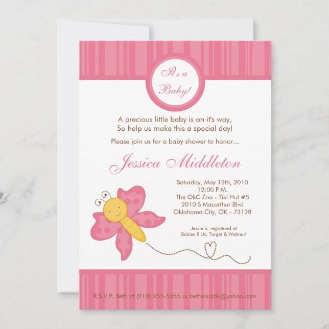 Invitación Baby Shower de mariposa rosa de primave (Anverso)