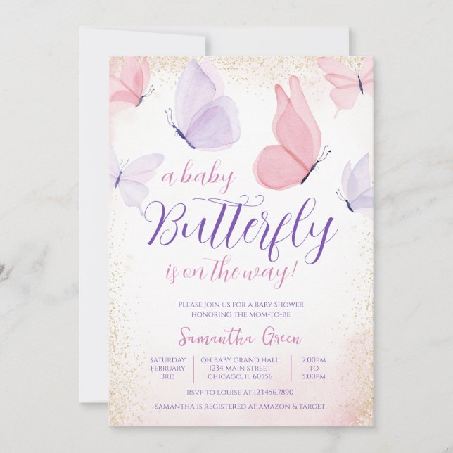 Invitación Baby Shower de mariposa rosa morada (Anverso)