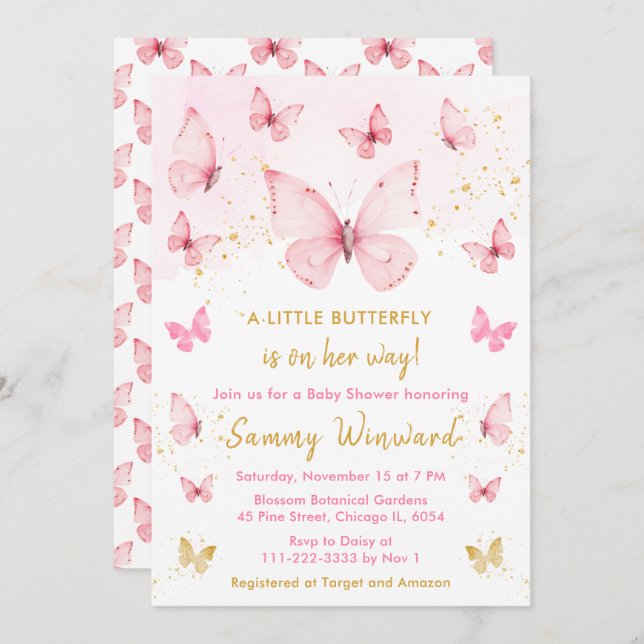Invitación Baby Shower de mariposa rosa y dorada (Anverso / Reverso)