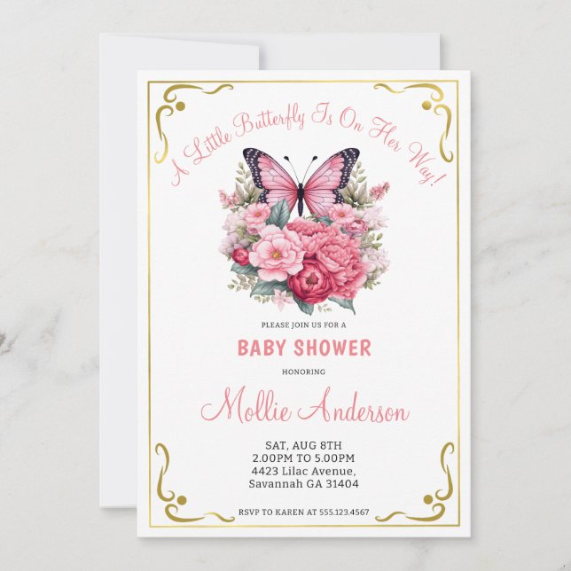 Invitación Baby Shower de mariposa rosa y flores (Anverso)