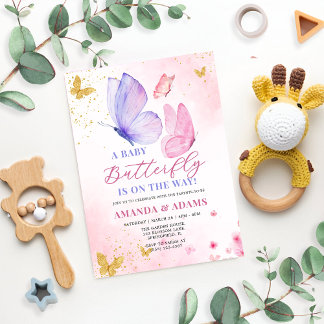 Invitación Baby Shower de mariposa rosa y morada