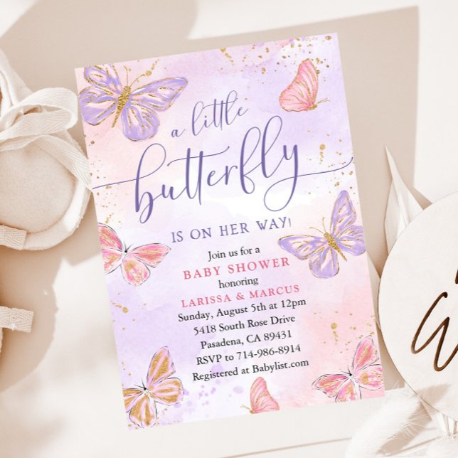 Invitación Baby Shower de mariposa rosada morada de oro (Subido por el creador)