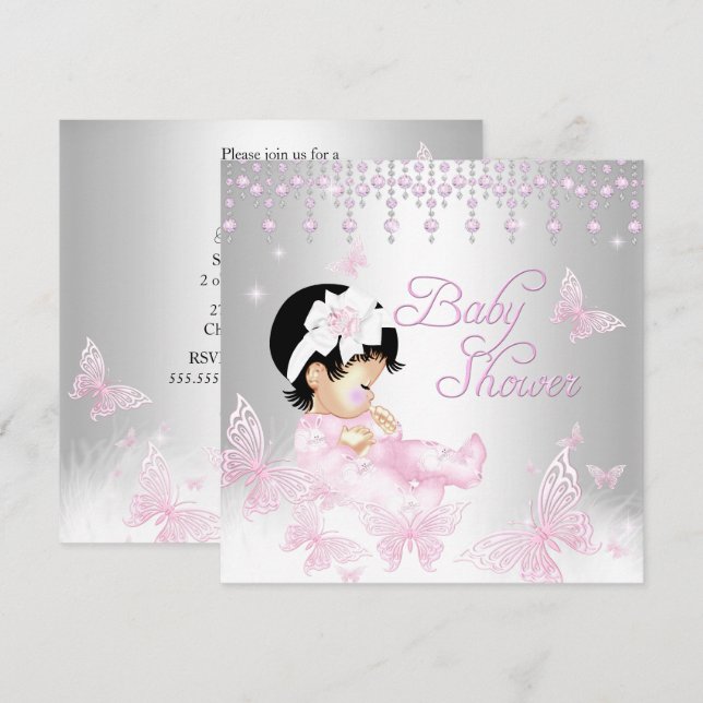 Invitación Baby Shower de mariposa rosada plateada (Anverso / Reverso)