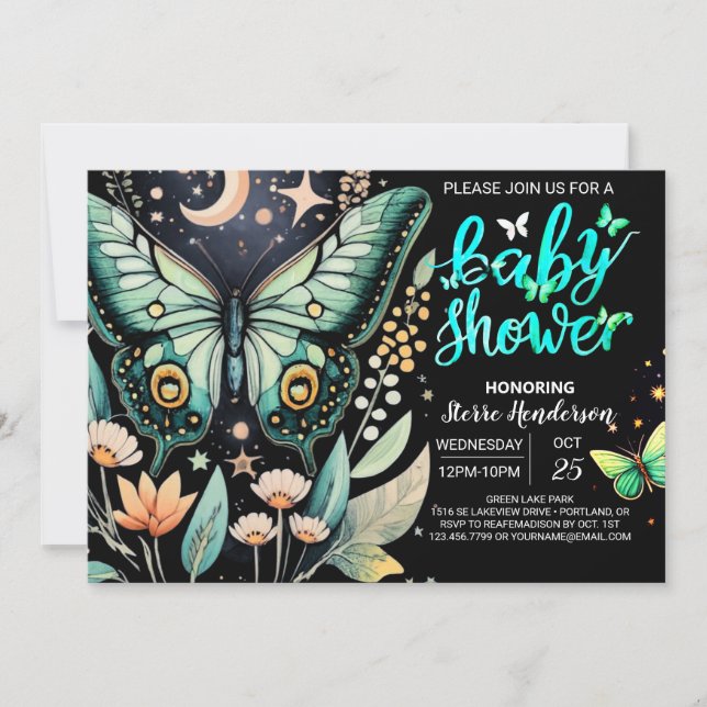 Invitación Baby Shower de mariposa verde flotante (Anverso)