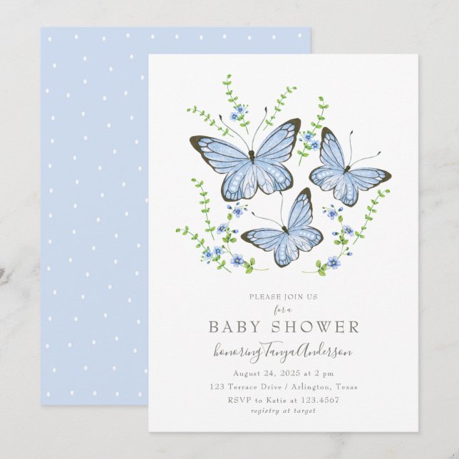 Invitación Baby Shower de mariposas azules (Anverso / Reverso)