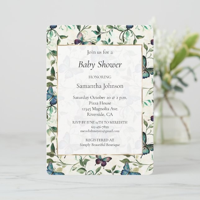 Invitación Baby Shower de mariposas azules (Anverso de pie)