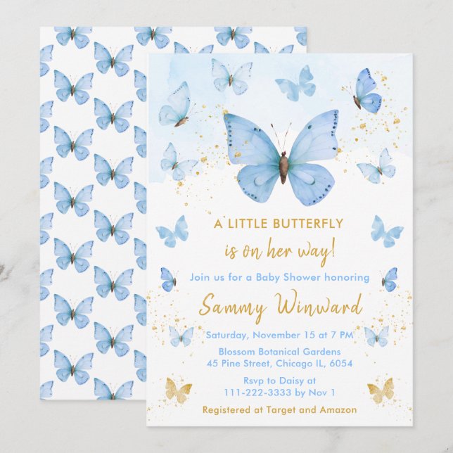 Invitación Baby Shower de mariposas azules y doradas (Anverso / Reverso)