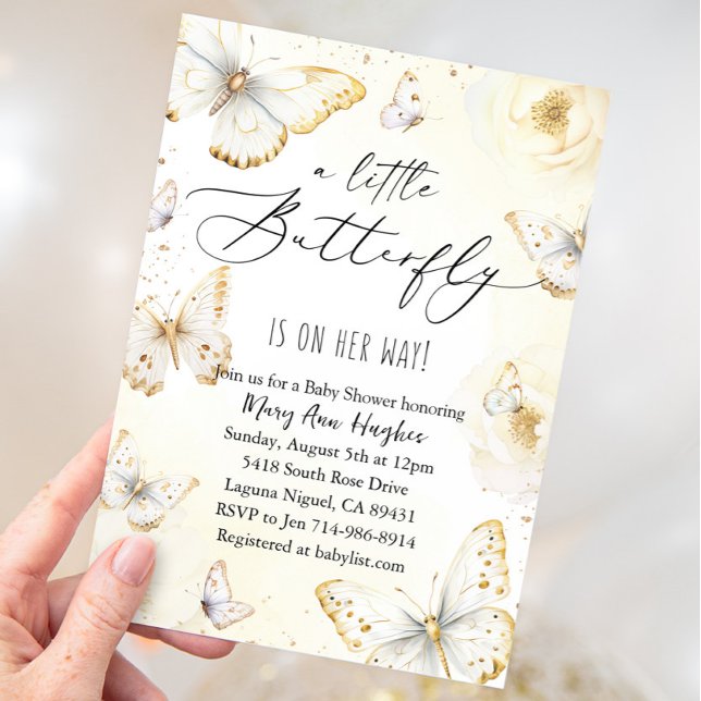 Invitación Baby Shower de mariposas blancas y doradas (Subido por el creador)
