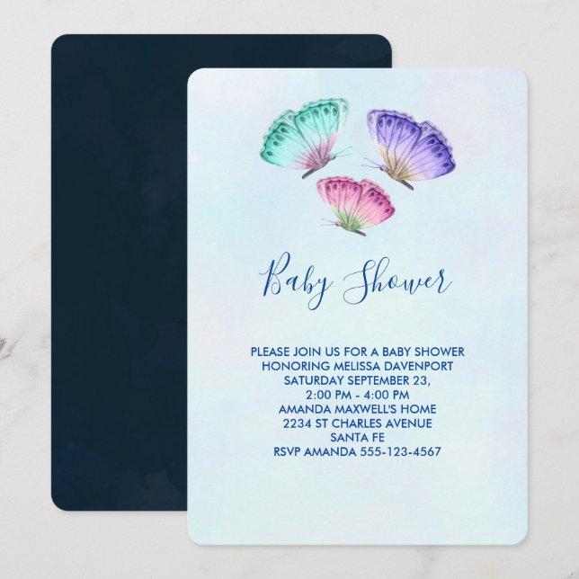 Invitación Baby Shower de mariposas color agua suave (Anverso / Reverso)