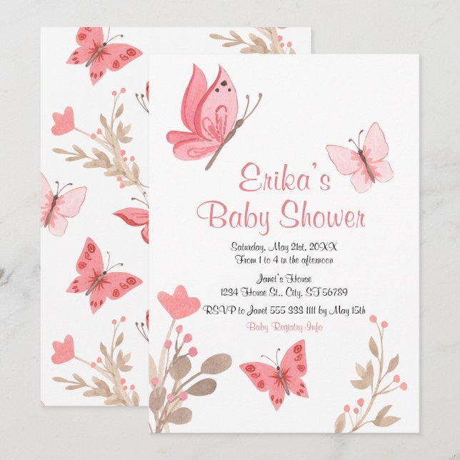 Invitación Baby Shower de mariposas florales cúpulas rosadas (Anverso / Reverso)