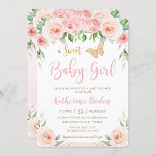 Invitación Baby Shower de mariposas florales rosas dulces Rub