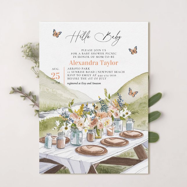 Invitación Baby Shower de mariposas Picnic Peach Wildflowers (picnic baby shower invitation park summer watercolor butterflies cute fun casual classy neutral)