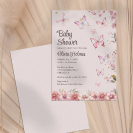 Invitación Baby Shower de mariposas rosadas y jardines de flo