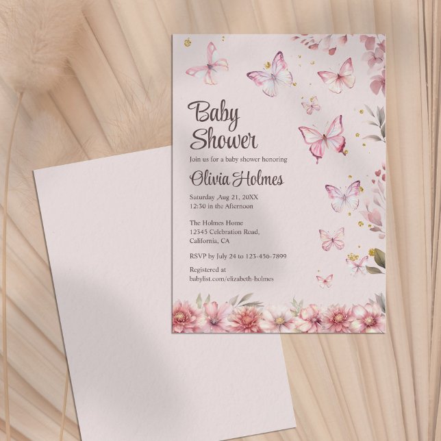 Invitación Baby Shower de mariposas rosadas y jardines de flo (Pink Butterflies and Flower Garden Baby Shower Invitation)