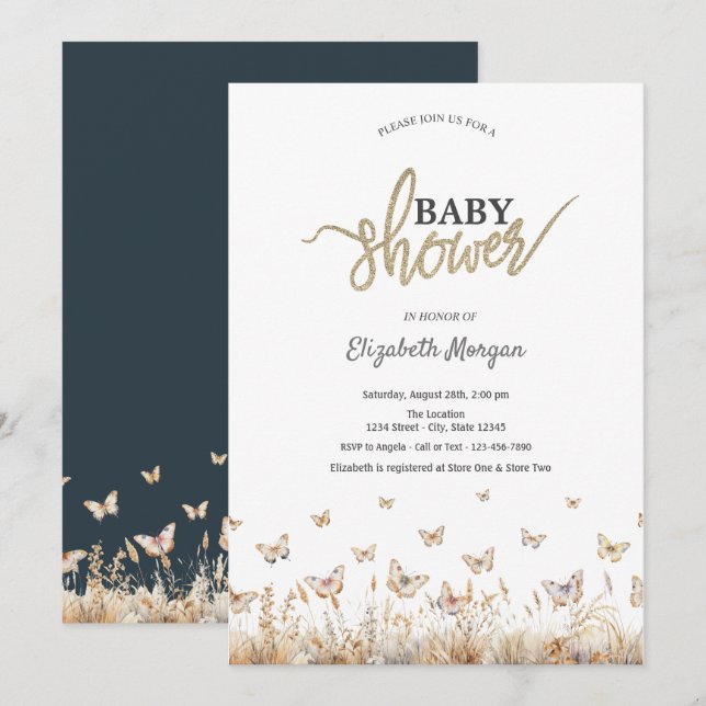 Invitación Baby Shower de mariposas Watercolor Meadow (Anverso / Reverso)