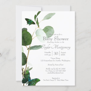 Invitación Baby Shower de mariposas y acuarela verde