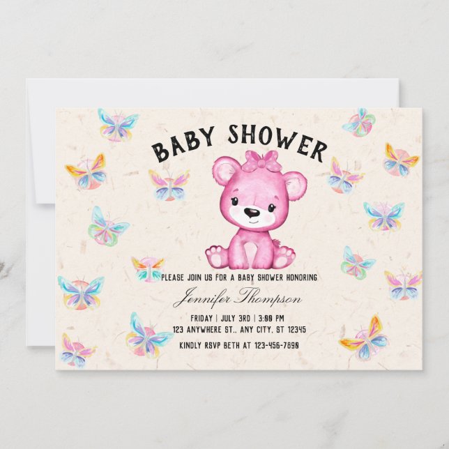 Invitación Baby Shower de mariposas y osos cortos (Anverso)