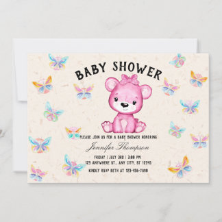 Invitación Baby Shower de mariposas y osos cortos