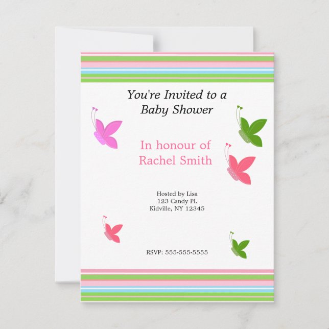 Invitación Baby Shower de mariposas y rayas (Anverso)