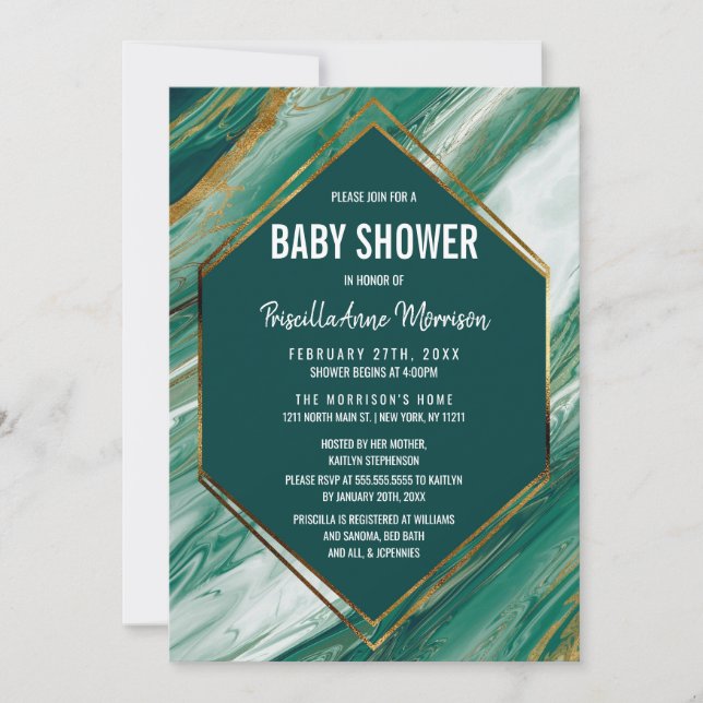 Invitación Baby Shower de mármol de oro abstracto de esmerald (Anverso)