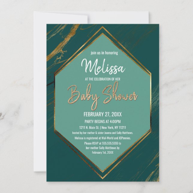 Invitación Baby Shower de mármol geométrico de oro verde esme (Anverso)
