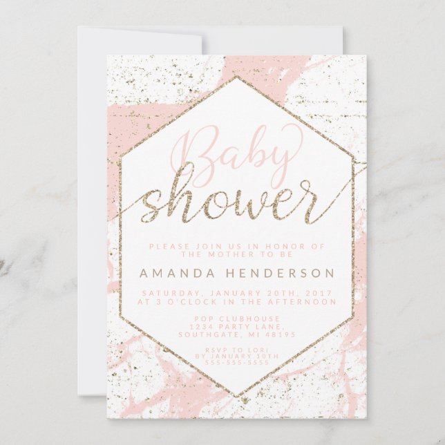Invitación Baby Shower de Mármol rosa y dorado (Anverso)