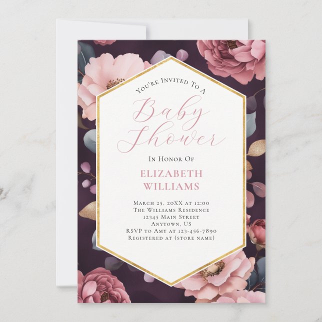 Invitación Baby Shower de Mauve Purple Pink Gold Peonies (Anverso)