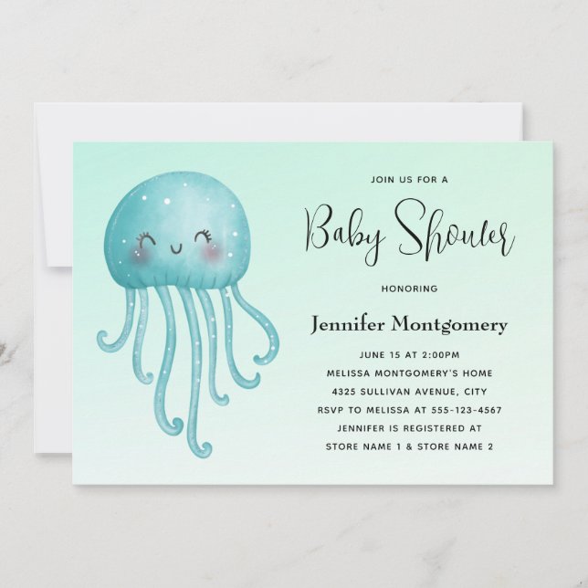 Invitación Baby Shower de medusas azul-verde dulce y dulce (Anverso)