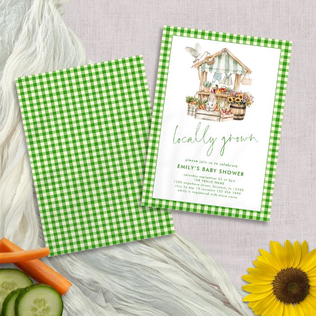 Invitación Baby Shower de mercado local de Green Gingham (Front and back view)