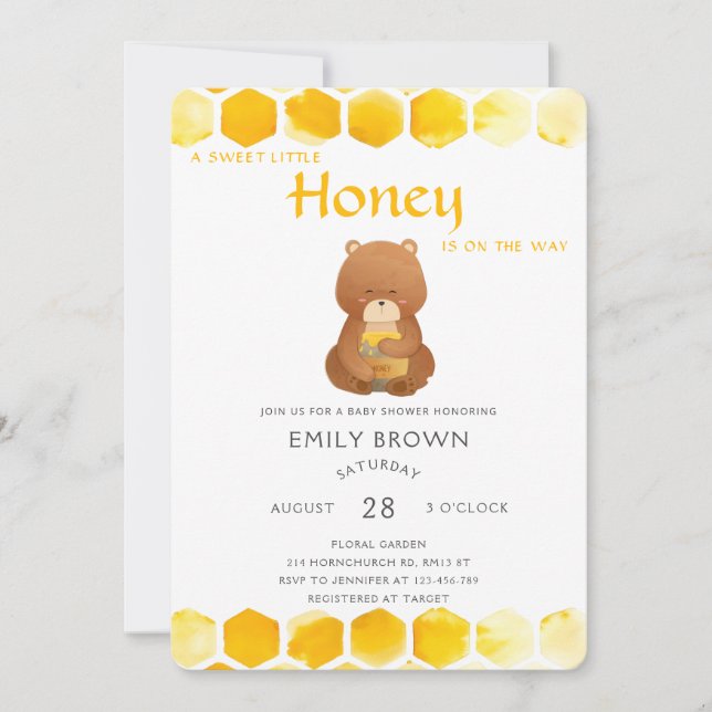 Invitación Baby Shower de miel de oso amarillo (Anverso)