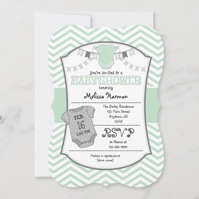 Invitación Baby Shower de Mint Green Gray Chevron (Anverso)