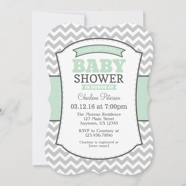 Invitación Baby Shower de Mint Green Gray Chevron (Anverso)