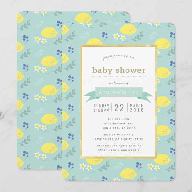 Invitación Baby Shower de Mint Green Lemon Floral (Anverso / Reverso)