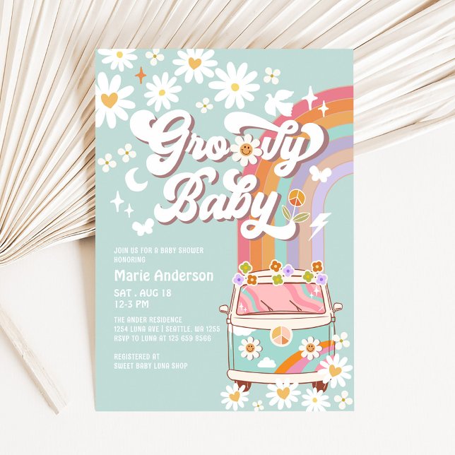 Invitación Baby Shower de Mint Groovy Daisy Rainbow Hippie 70 (Subido por el creador)
